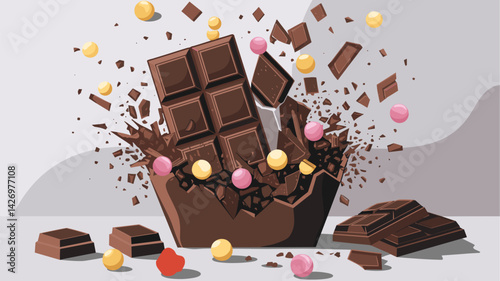 A vibrant vector illustration depicting an explosion of chocolate bars and colorful candy spheres. Perfect for food-related themes, dessert promotions, or sweet treat designs.