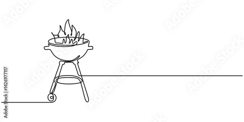 Set of continuous one line BBQ grill elements. Vintage BBQ grill elements isolated on a white background. Vector illustration, Bbq grill simple outline vector design. Continuous one line drawing.