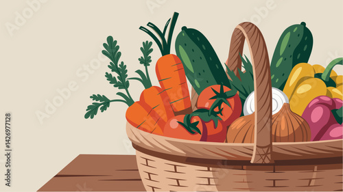 A vibrant vector illustration of a woven basket filled with fresh vegetables including carrots, cucumbers, and peppers, perfect for promoting healthy eating and farm-to-table concepts.