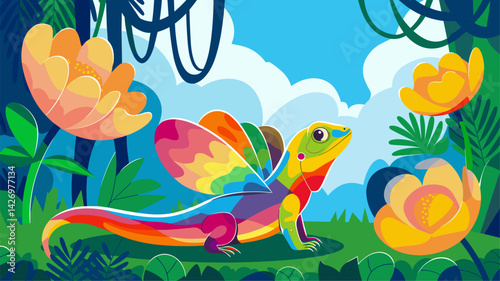 A whimsical illustration of a colorful lizard with butterfly wings, surrounded by vibrant flowers and lush greenery in a bright, cheerful setting.