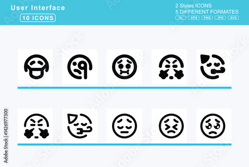 Set of 5 rounded user interface icons,face, head, bandage, hushed, icicles, lying, mask