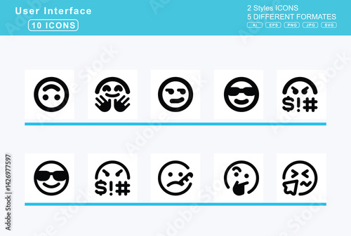 Set of 5 rounded user interface icons,face, smile, hearts, horns, tear, tongue, upside, down