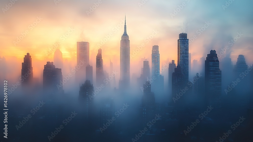 Fototapeta premium Misty city skyline at sunrise