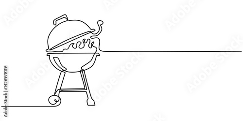 Set of continuous one line BBQ grill elements. Vintage BBQ grill elements isolated on a white background. Vector illustration, Bbq grill simple outline vector design. Continuous one line drawing.