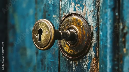 Aged Charm Unveiled: Rustic Door and Keyhole in Close-Up Macro Detail