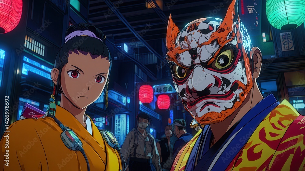 Fototapeta premium In a cyberpunk setting, anime characters don Japanese demon masks, combining futuristic elements with traditional symbolism.