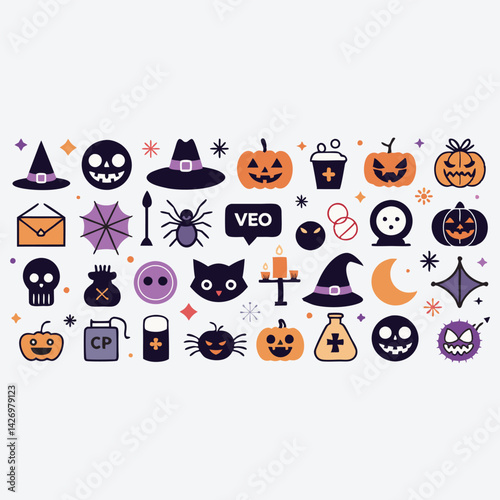 Enchanting Halloween Icons: A delightful ensemble of handcrafted Halloween icons, carefully arranged to capture the festive and spooky spirit of the season. This arrangement exudes joy and festivity.