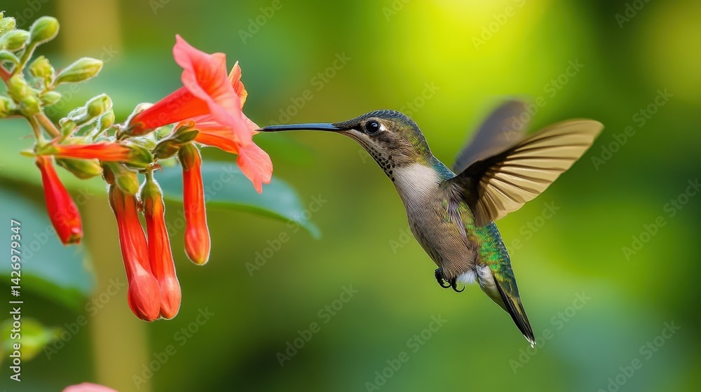 Fototapeta premium A hummingbird approaches a flower with orange petals to drink nectar