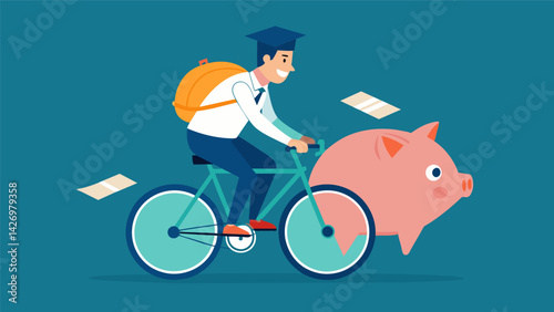 A graduate riding a bike with a large piggy bank attached showing the constant effort it takes to save for loan payments.. Vector illustration