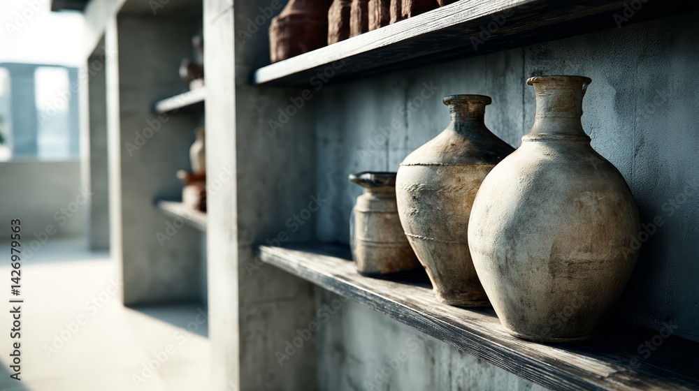 Hand-painted clay pots in earthy tones are lovingly displayed on a rustic shelf, illuminated by soft sunlight that accentuates their textures and craftsmanship Hand-painted clay pots in earthy tones are lovingly displayed on a rustic shelf, illuminated by soft sunlight that accentuates their textures and craftsmanship