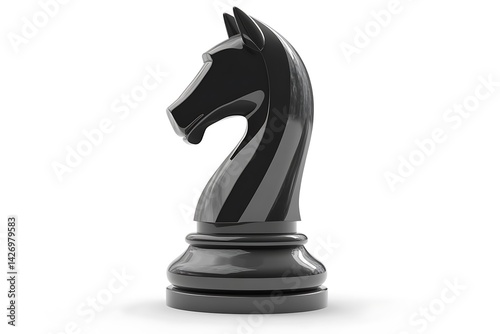 Polished black chess knight piece stands tall against a white background.