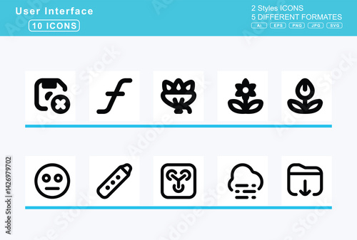 Set of 5 rounded user interface icons,flask, poison, potion, flip, horizontal, floppy, disk, circle, arrow, right, xmark