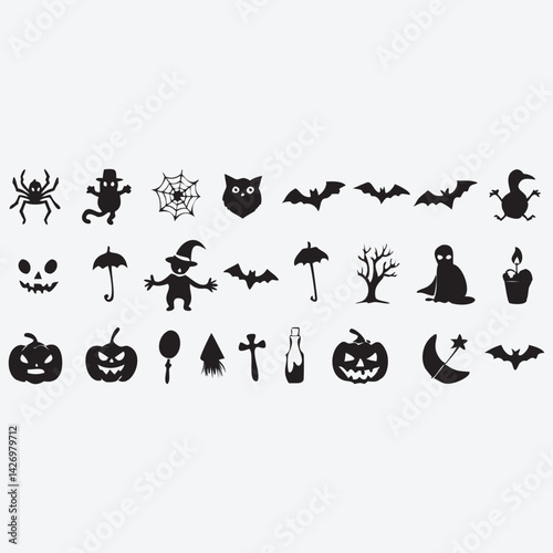 Halloween Silhouette Elements: Captivating assortment of whimsical Halloween silhouettes, ideal for graphic design projects and artistic illustrations.