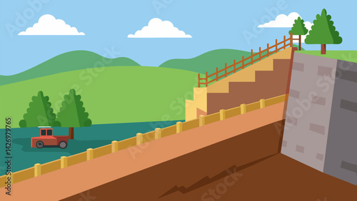 Constructing a temporary retaining wall to stabilize the slope during excavation and construction.. Vector illustration