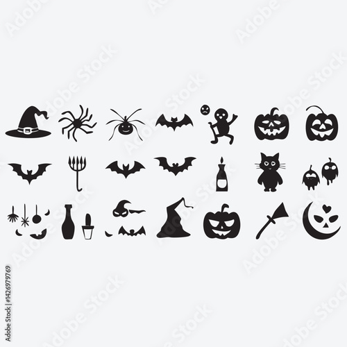 Halloween silhouette vector: Halloween-themed silhouette in clean and elegant vector graphic, presenting all the traditional elements of holiday such as pumpkin, witch hat, spider, bat, crescent.