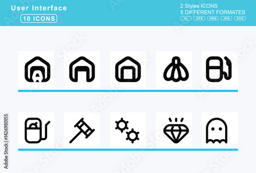 Set of 5 rounded user interface icons,gallery, thumbnails, game, board, gamepad, garage