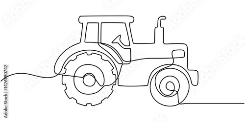 Tractor, one line continuous. Line art outline vector illustration of farm transport, Continuous line art or One Line drawing of tractor for vector illustration, business transportation.