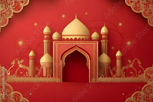 Ornate golden mosque on a red background illustration