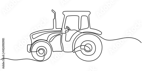 Tractor, one line continuous. Line art outline vector illustration of farm transport, Continuous line art or One Line drawing of tractor for vector illustration, business transportation.