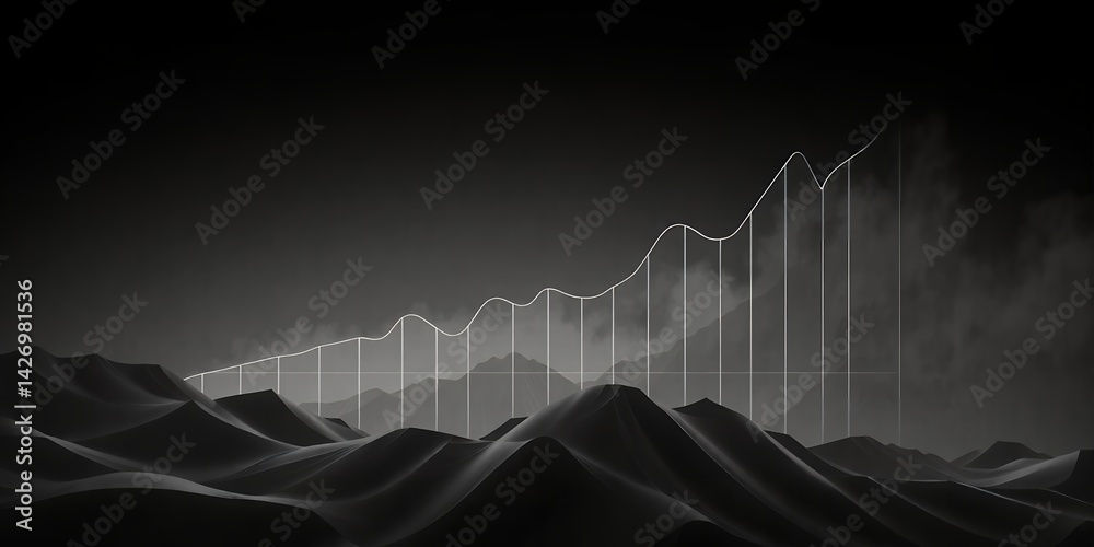Naklejka premium A monochromatic landscape featuring a graph overlayed on dark hills under a smoky sky effect