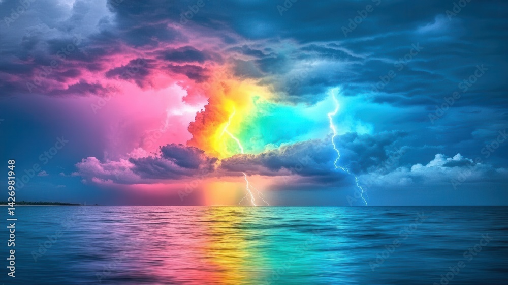 Lightning bursts through vibrant rainbow-colored clouds, creating a striking visual of nature's power amid a spectrum of hues. Lightning bursts through vibrant rainbow-colored clouds, creating a striking visual of nature's power amid a spectrum of hues.