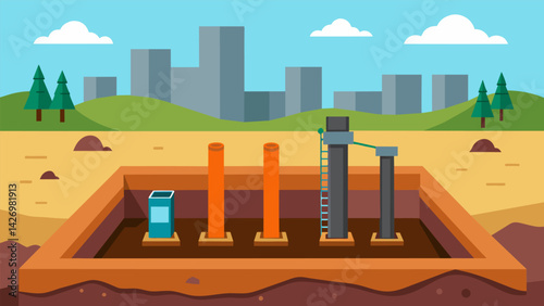 The deep trenches excavated in the ground for the foundation giving a sense of the scale of the piling work.. Vector illustration