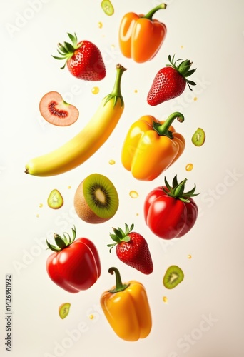 floating fruits vegetables white background colorful arrangement diverse natural produce freshness, organic, splash, shine, red, green, yellow, orange