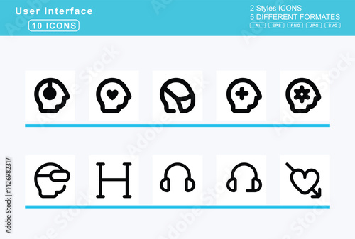 Set of 5 rounded user interface icons,heading, headphones, headset, head, side, brain