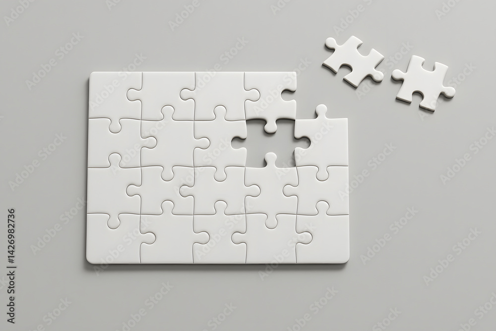 White Puzzle Pieces with One Missing Part on Gray Background Symbolizing Incompleteness Problem Solving and Conceptual Thinking Challenge
White Puzzle Pieces with One Missing Part on Gray Background Symbolizing Incompleteness Problem Solving and Conceptual Thinking Challenge
