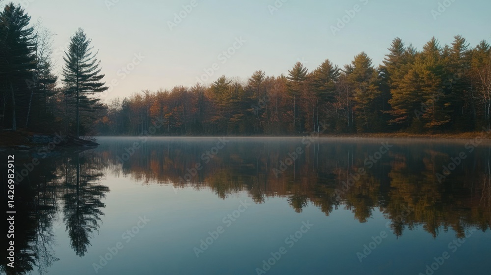 Serene lake reflection at dawn with autumn forest landscape scenery Serene lake reflection at dawn with autumn forest landscape scenery