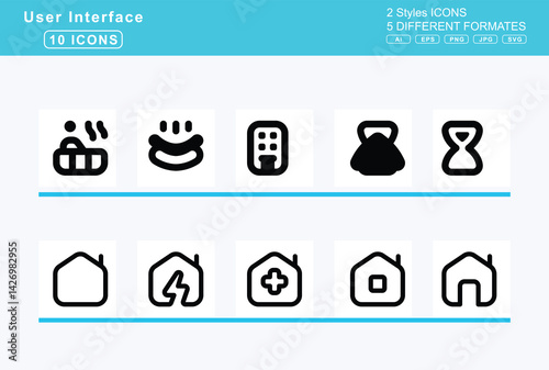 Set of 5 rounded user interface icons,hospitals, hospital, symbol, user, hotdog, hotel