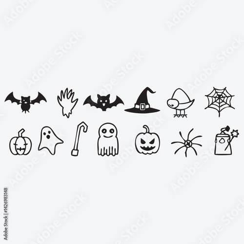 Spooky Halloween doodles: A collection of black and white Halloween doodles, including bats, a witch hat, ghosts, a spider web and a pumpkin, representing the spirit of spooky celebrations.