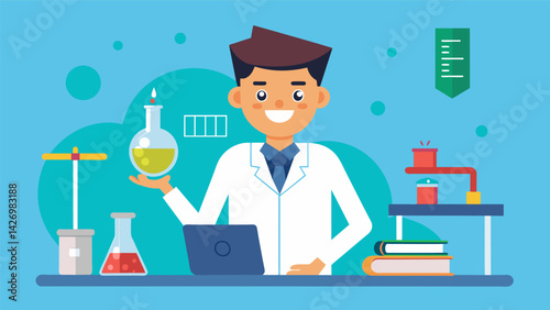 A photo of a trade school student in a lab coat conducting experiments with the caption Affordable education invaluable experience.. Vector illustration