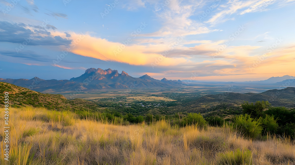 Obraz premium Panoramic Sunset View Of Mountain Valley Landscape