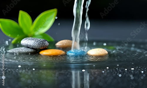 Water cascading onto smooth stones with green leaves against a dark background