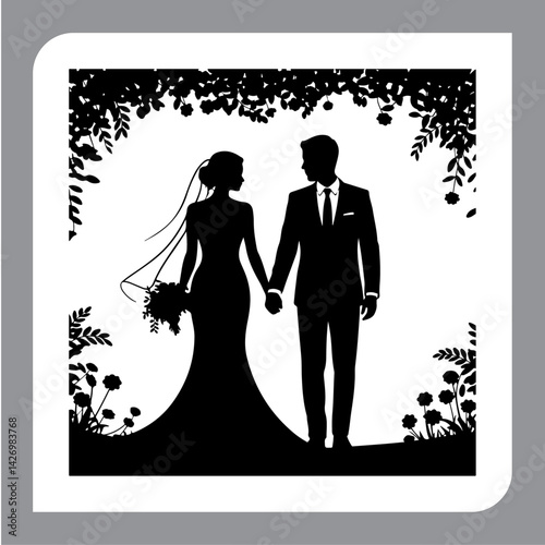 Silhouette of a loving couple with romantic and family elements in vector style