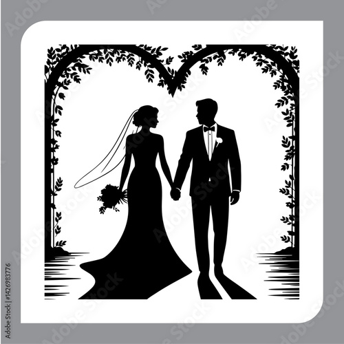 Silhouette of a loving couple with romantic and family elements in vector style