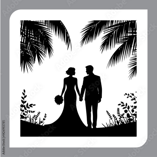 Silhouette of a loving couple with romantic and family elements in vector style