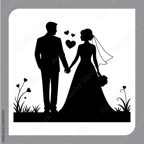 Silhouette of a loving couple with romantic and family elements in vector style