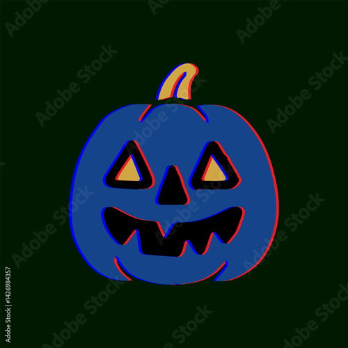 Dark blue pumpkin with zigzag teeth and ghostly eyes, outlined in red-cyan glitch effect.