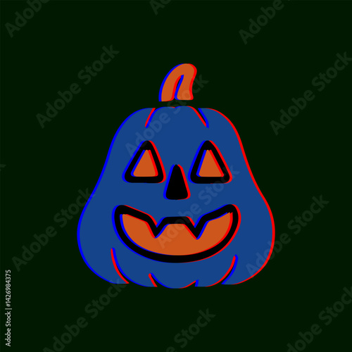 Double-colored pumpkin with jagged eyes and an evil grin in stylized retro horror palette.