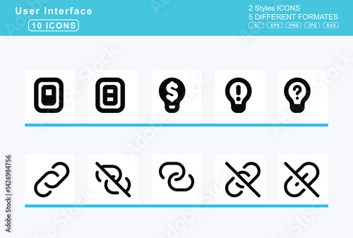 Set of 5 rounded user interface icons,life, ring, lightbulb, dollar, exclamation, question, slash