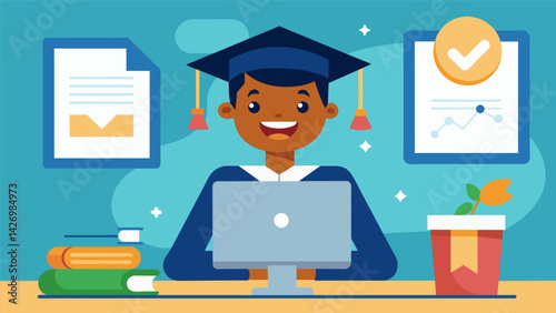 A relieved student smiling at their computer screen as they receive an email notification of a scholarship theyve been awarded.. Vector illustration