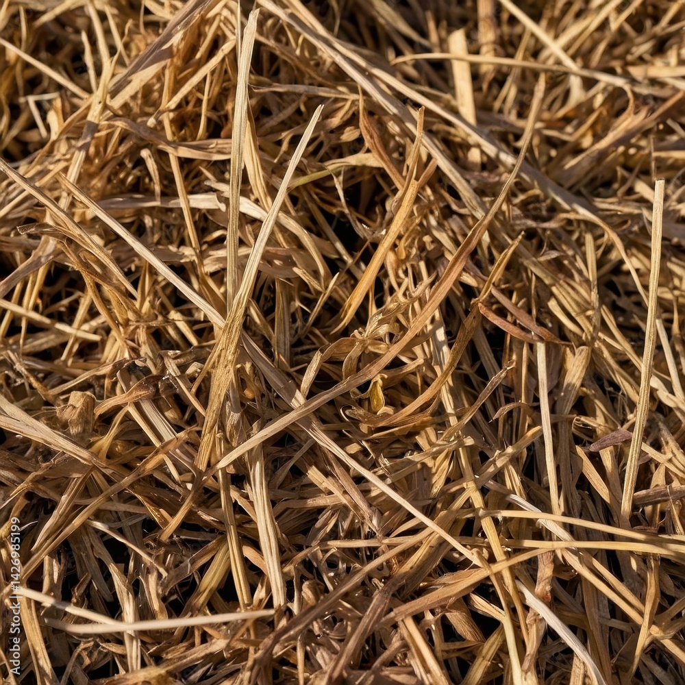 Close-up texture of loosely arranged straw mulch, with randomly overlapping dry stalks in golden and light brown shades Close-up texture of loosely arranged straw mulch, with randomly overlapping dry stalks in golden and light brown shades
