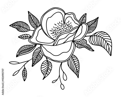 Flowers. In black and white style. Can be used for printing on paper, stickers, badges, bijouterie, tattoo. Vector