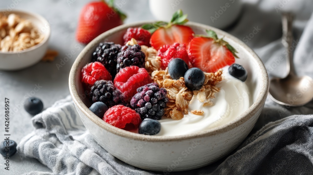 Ceramic white bowl containing creamy yogurt, adorned with mixed berries raspberries, blueberries, blackberries, strawberries and sprinkled granola for healthy morning meal Ceramic white bowl containing creamy yogurt, adorned with mixed berries raspberries, blueberries, blackberries, strawberries and sprinkled granola for healthy morning meal