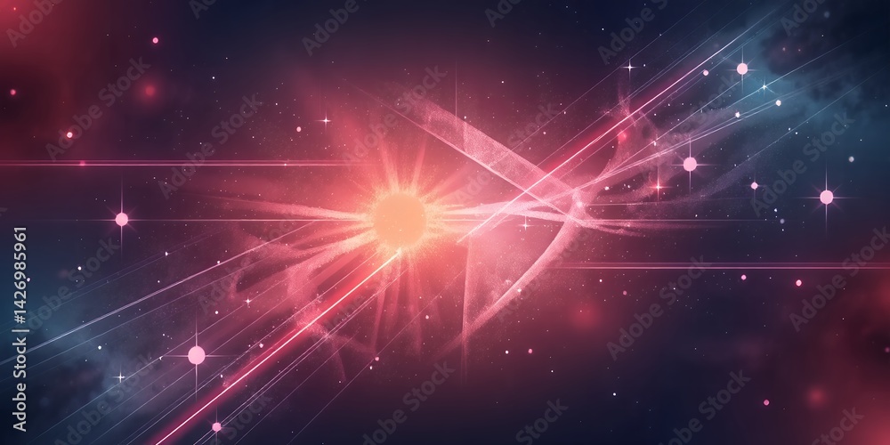Fototapeta premium Abstract cosmic scene featuring a central bright light with radiating lines and scattered stars