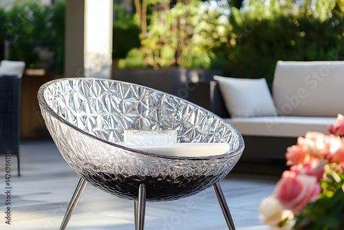 Clear chair with pillow on a patio with pink flowers