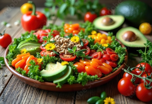 vibrant plant based meal arrangement colorful fresh food arrangement table display healthy cuisine, dish, vegetable, fruit, herb, plating, ingredient, vegan