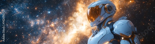 An astronaut in a spacesuit against a backdrop of stars and nebulae, representing space exploration